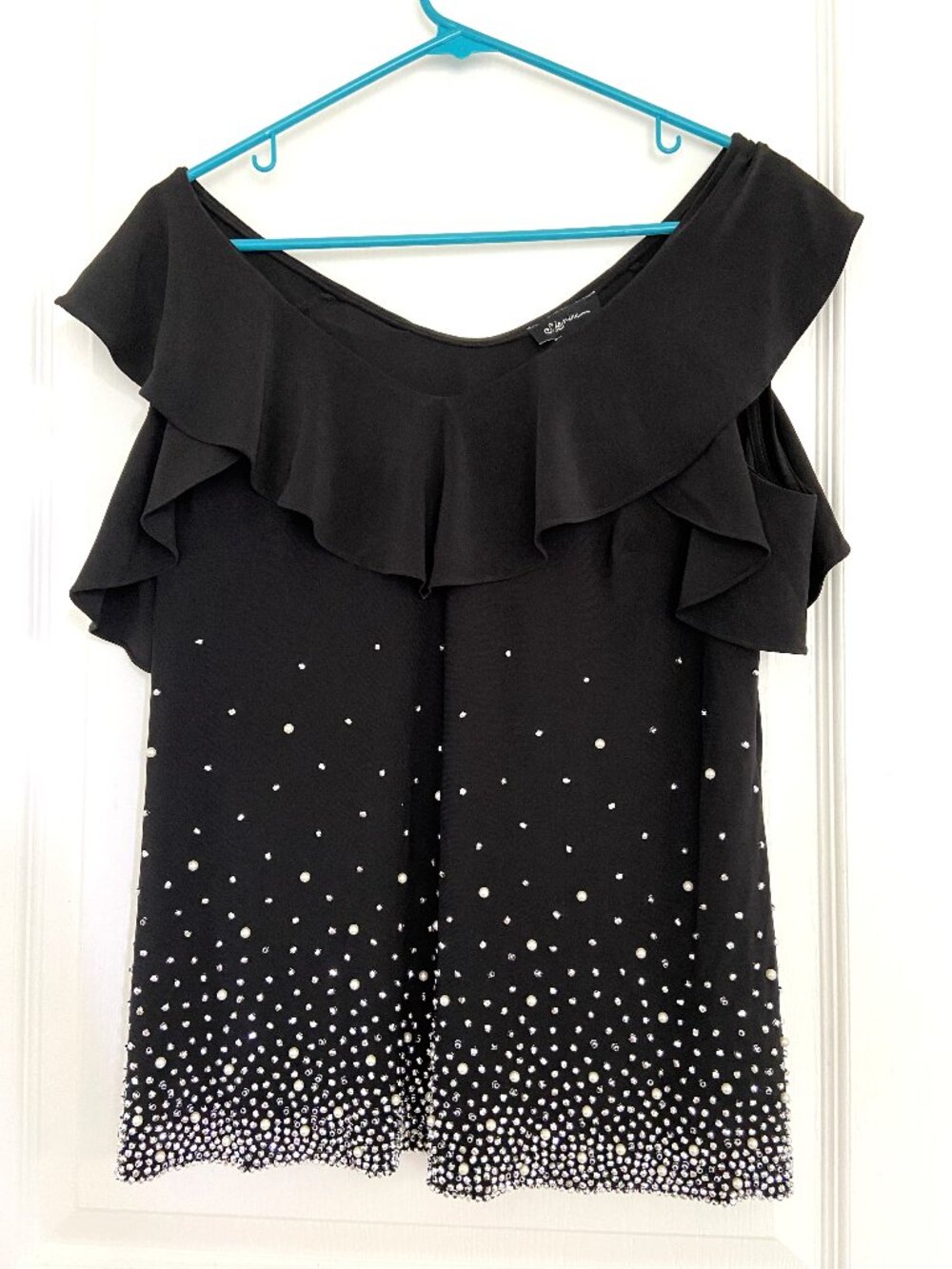 Black Flutter Sleeve Blouse with Silver Beaded Embellishments
